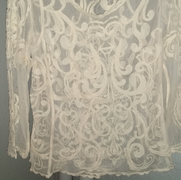 Ivory Sheer Mesh Lace Vintage Boho Blouse Cream Stretch Top Feminine Bohemian M - Picture 7 of 8